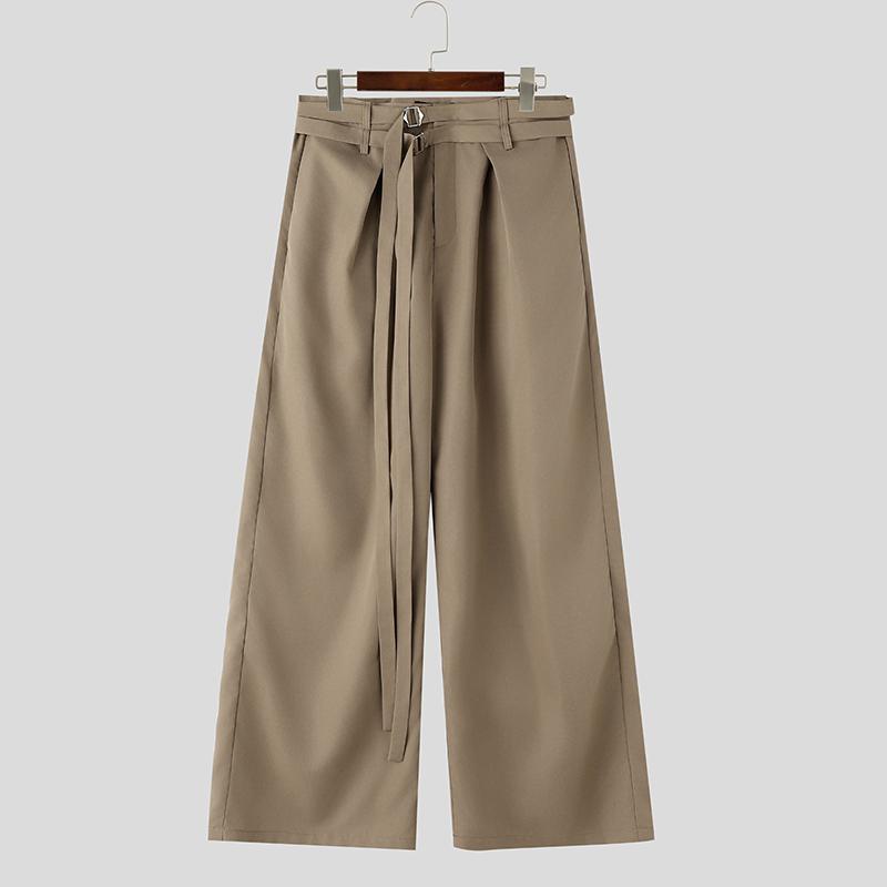INCERUN Men Double Buckle Belt Drape Loose Fit Wide Leg Pants Long Trousers