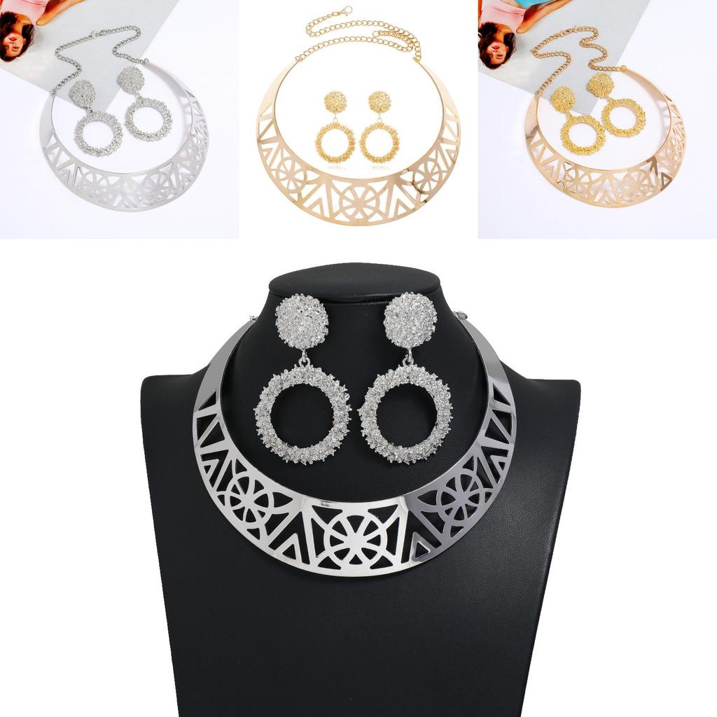 Fashion Solid Color Hollow Design Women Metal Necklace Collar Round Earring Set For Gift And Occasion