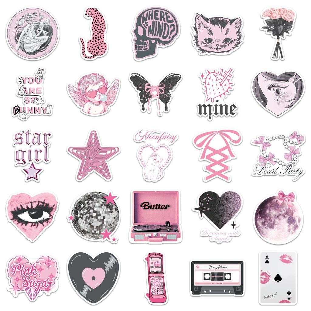 50 Cute Pink Minimalist Waterproof Stickers for Suitcases and Bicycles