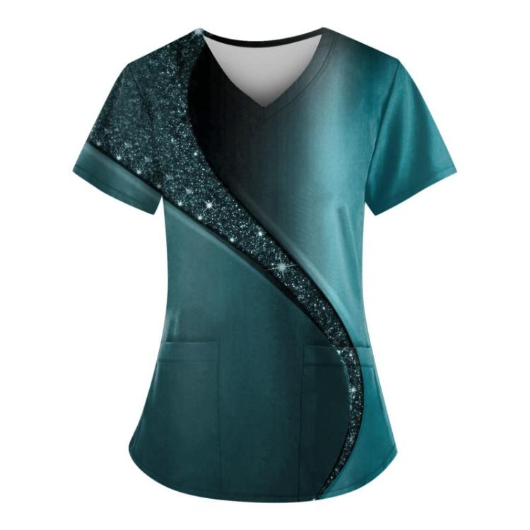 Plus Size Women's V-Neck Short Sleeve Work Scrub Top With Pockets Fun Printed Tee For Working Uniform T-Shirt