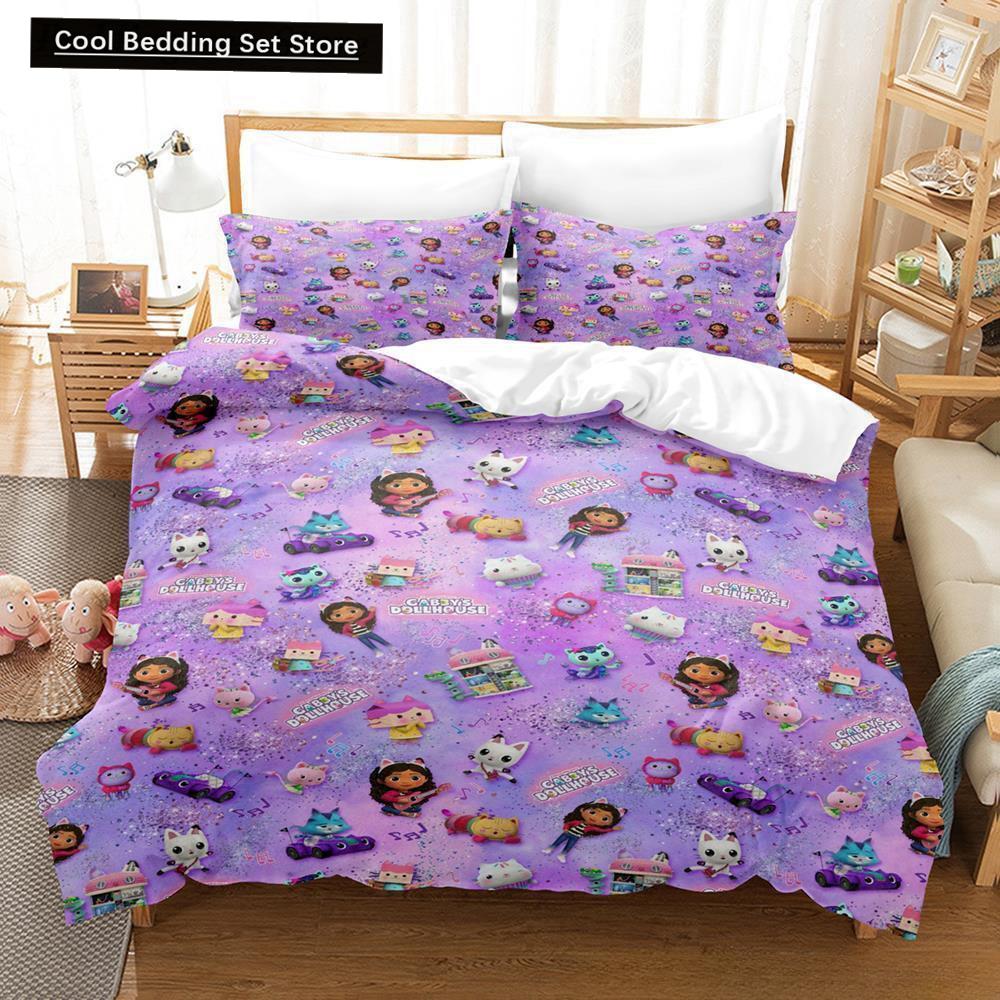 Gabbys Puppenhaus Bettwäscheset Einzelbett Twin Full Queen King Size Bettset Erwachsene Kinder Schlafzimmer Bettbezugsets 3D Anime Bettlaken-Set