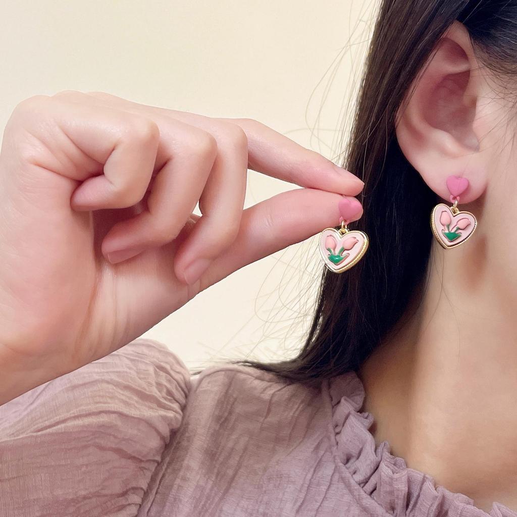 S925 Pink Heart & Tulip Flower Earrings for Women - Sweet Summer Clip-Ons 2022 Trend