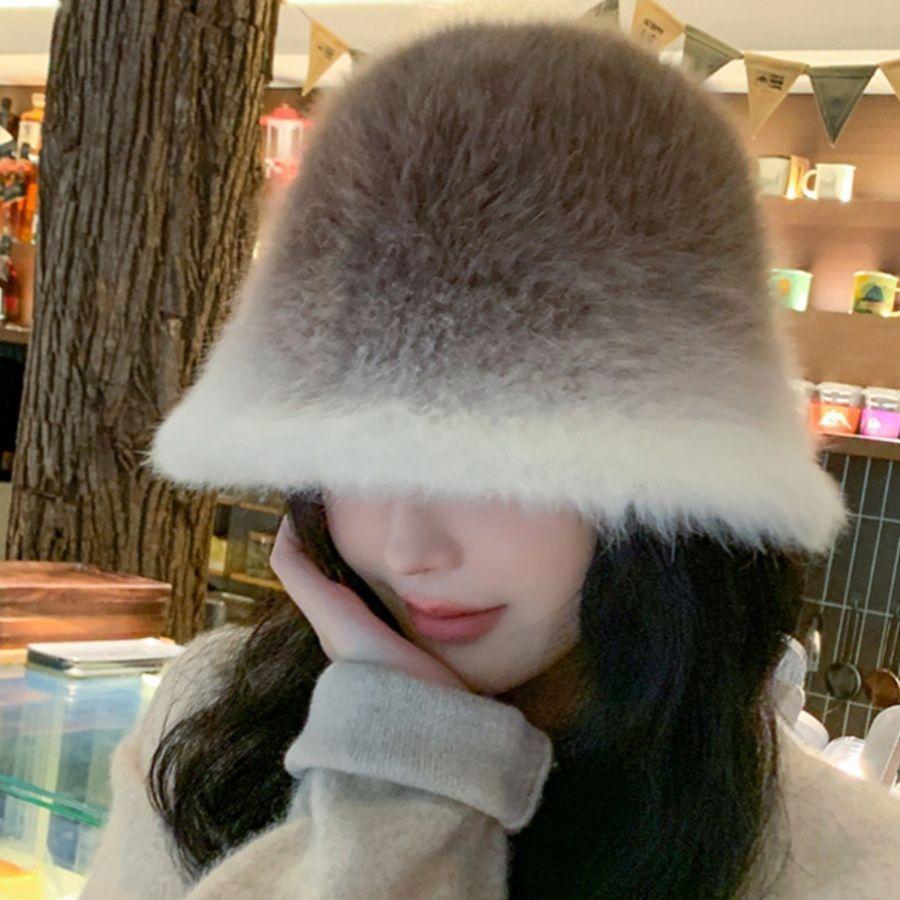 Fisherman Hat Women's Autumn and Winter Warm and Fashionable Gradient Color Rabbit Fur Basin Hat Showing Face Small Plush Bucket Hat
