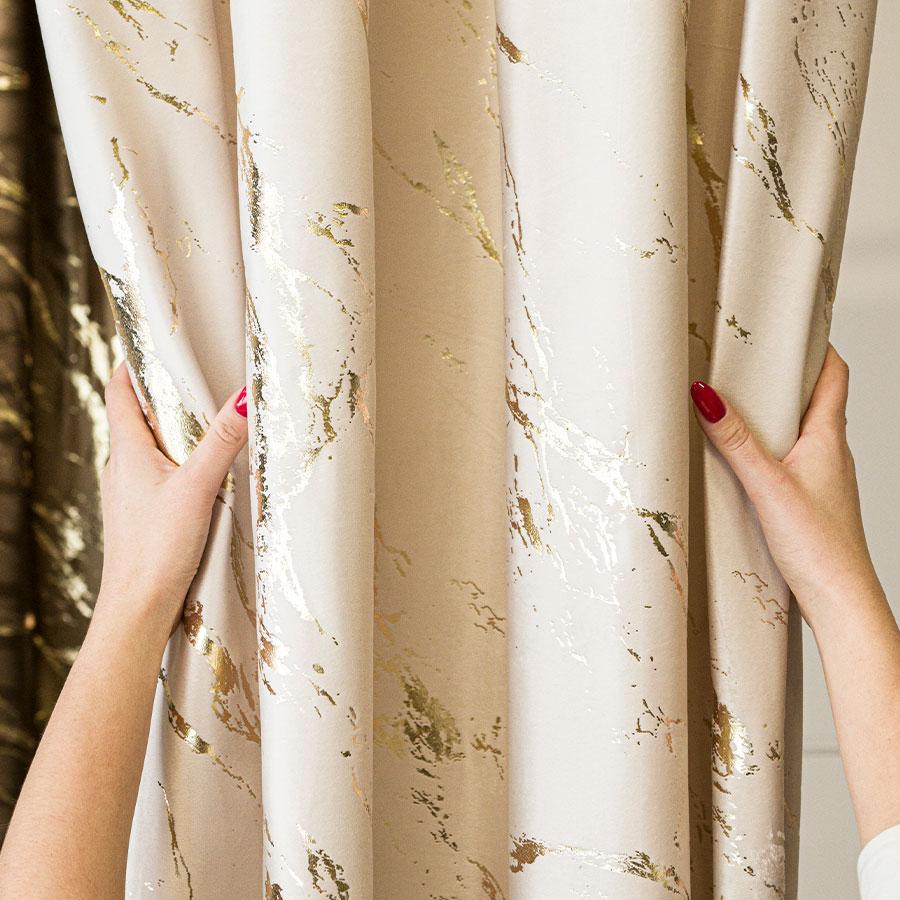 Marma - Ready-Made Eyelet Curtain - 140X250Cm - Cream with Gold Print