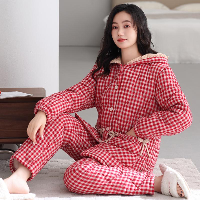 Winter Pajamas Women's New Woven Plaid Clip Padded Jacket Three-layer Warm Suit Velvet Thickened Outer Wear Loungewear