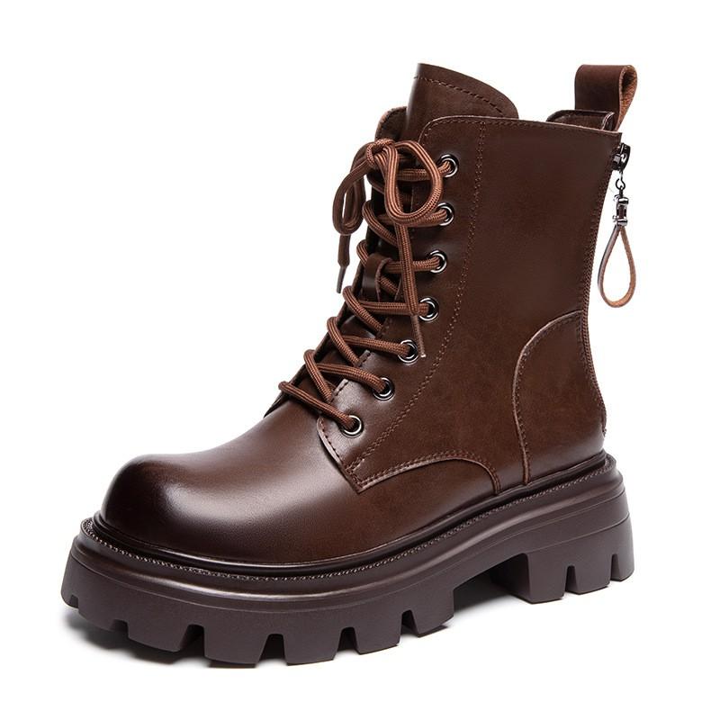 Womens Chunky Sole Chelsea Boots With Zipper Back Lace-Up Front Classic British Style Ankle Winter