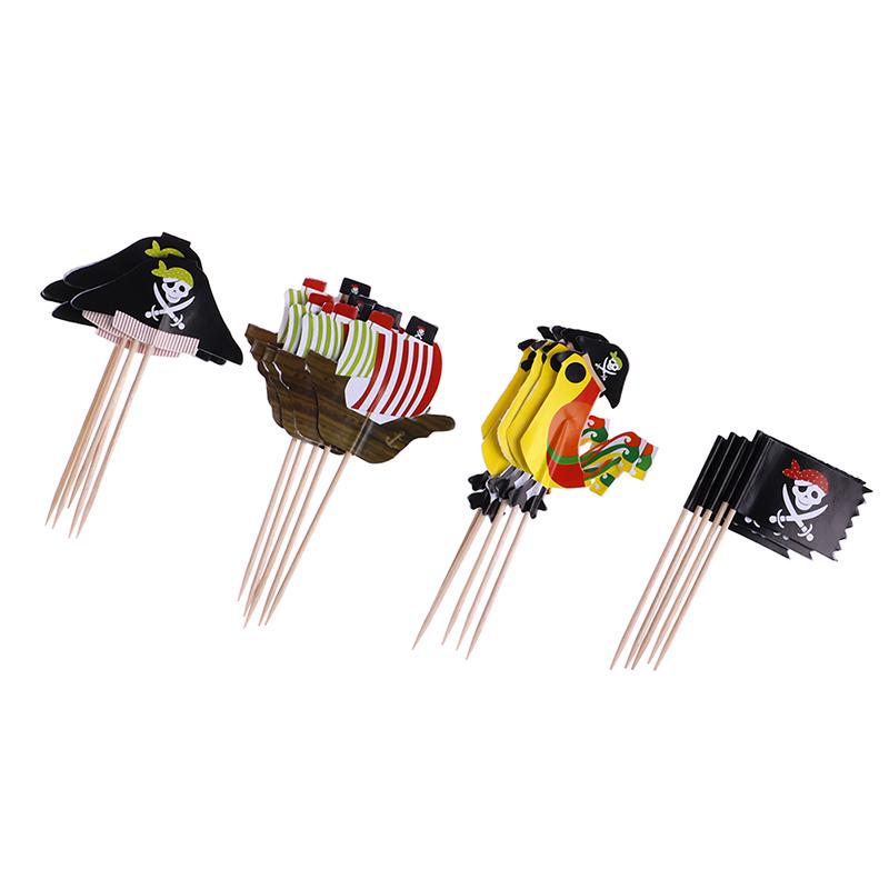 24Pcs Cake Toppers Pirate Theme Fruit Picks Insert Card Halloween Party Decor