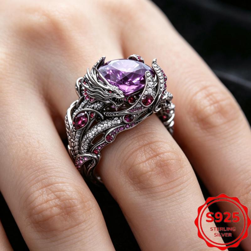 Dark-style dragon-shaped ring for men, vintage design925Silver inlaid amethyst ring, bold gothic design, gift for couples | Non-fading,