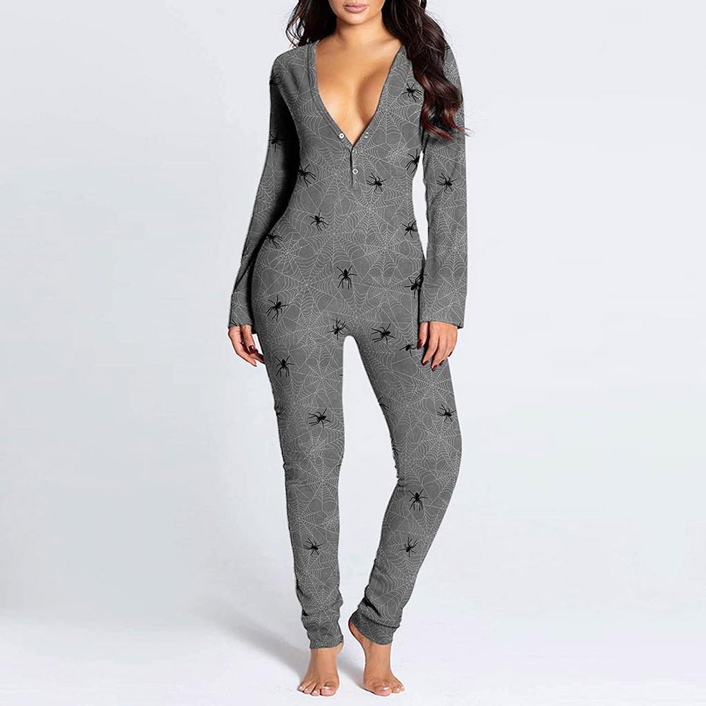 Women's Button-Down Halloween Print Functional Buttoned Flap Adults Jumpsuit