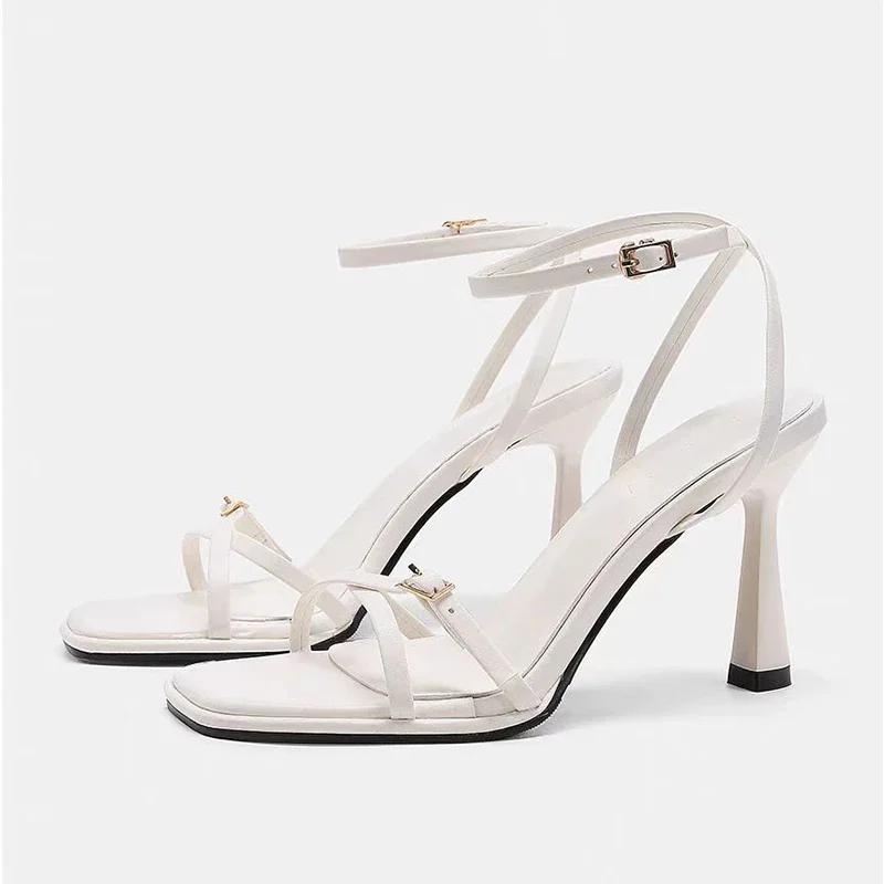 2025 designer women's new fashion letter high heels black super high heels stilettos lace-up sandals for women