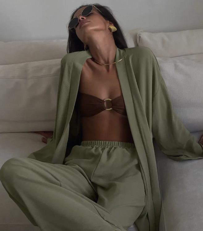 Women's Autumn Casual Two-Piece Set: Waist-Cinching Belted Cardigan & Long Pants