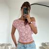 Europäische und amerikanische Damenbekleidung Winter neue Mode und sexy figurbetontes durchbrochenes Spitzen-Schrägkragen-Enges T-Shirt durchsichtiges Oberteil