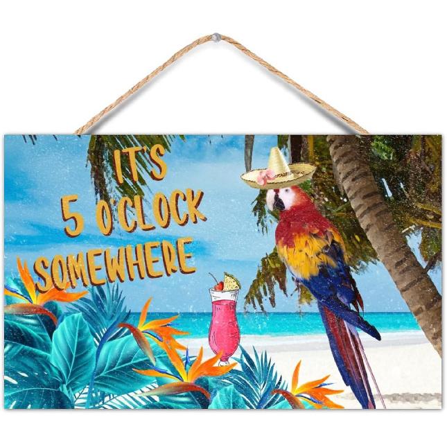 TEANFUN Summer Sign, It's Five O'clock Somewhere, Summer Parrot Sign for Outdoor Indoor Wood Hanging Wall Decor Sign Plaque, Housewarming Gifts for