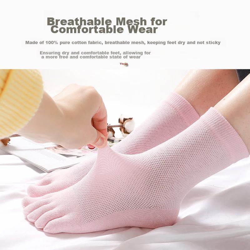 Women's Five-Toe Socks, Summer Thin Style, Ladies' Socks, Pure Cotton, Casual Mid-Calf, Large Mesh, Personalized Toe Socks, 5 Pairs