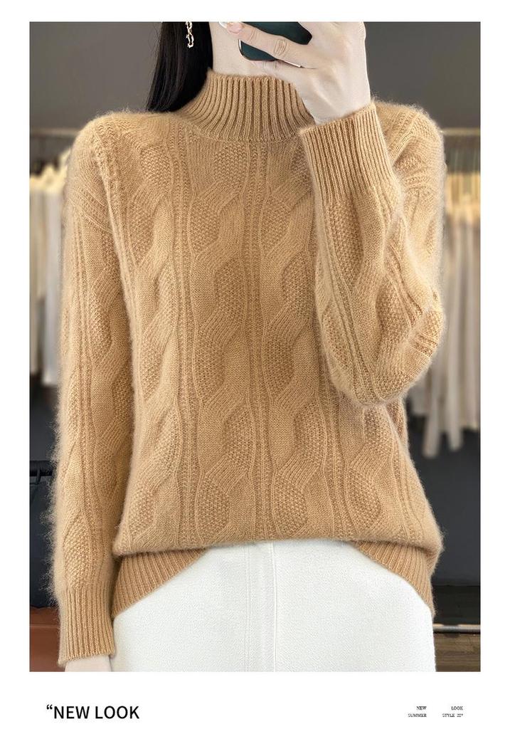 Women’s 100% Pure Wool Cable Knit Sweater - Half-High Neck, Loose Fit, Winter Pullover