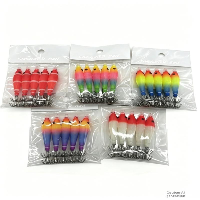 5Pcs Luminous Squid Jig Double Umbrella Hook Octopus Fishing Lure Soft Wood Shrimp Bait For Sea Boat Saltwater Fishing Tools