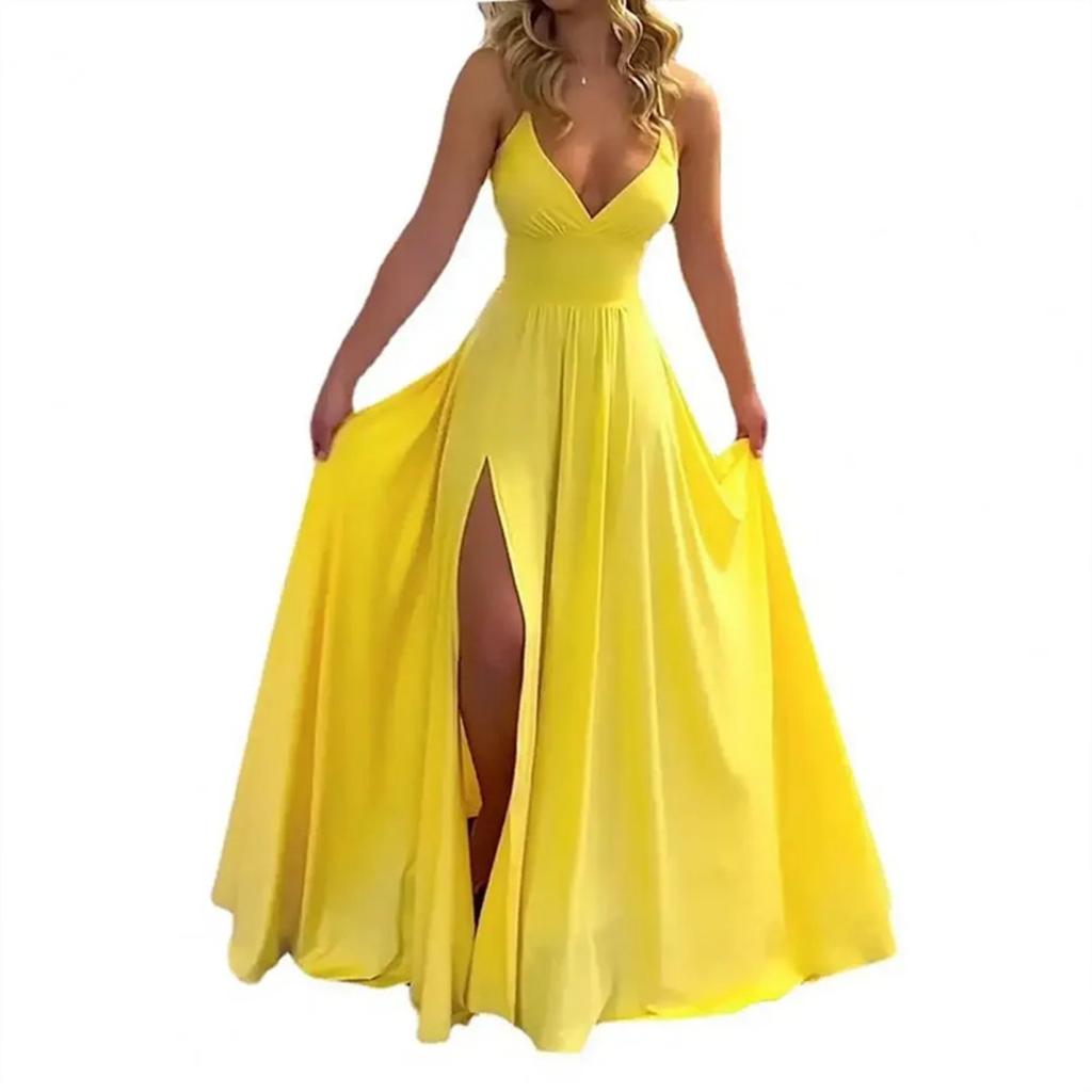Spring Summer New European American Style Women's Fashion Solid Color Spaghetti Strap Sexy Slim Fit Slit Ruffled Trim Midi Dress
