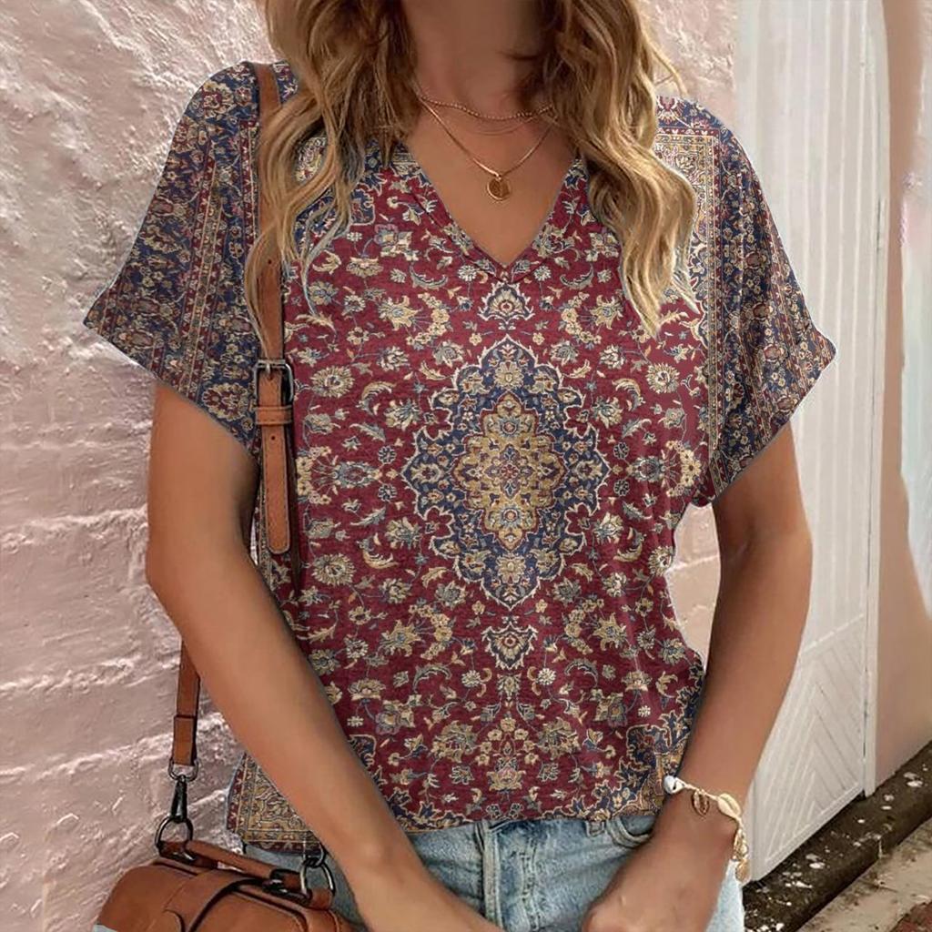 Casual Bohemian Print Women's Short Sleeve V-Neck Top T-Shirt