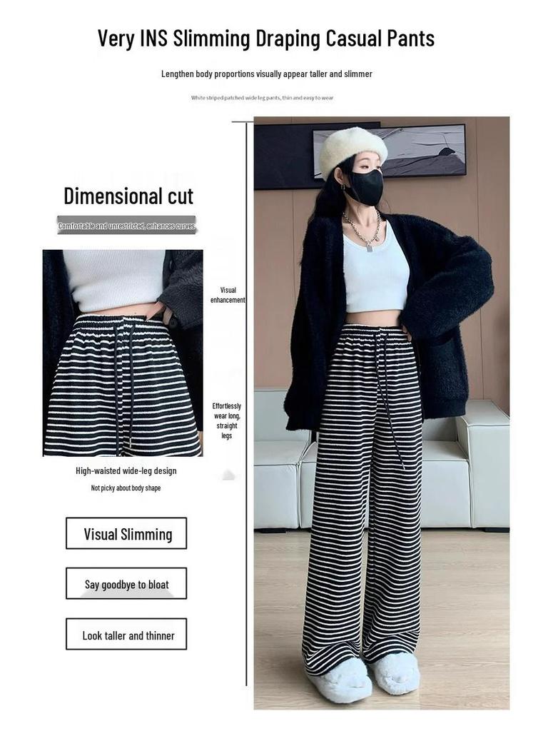 Women's High Waist Black & White Striped Petite Wide Leg Pants - Fleece Lined for Autumn/Winter