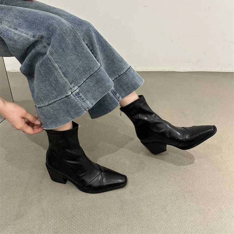 Pointed thin boots women wear autumn and winter new versatile thin single boots fashion Martin boots thick high heel short boots