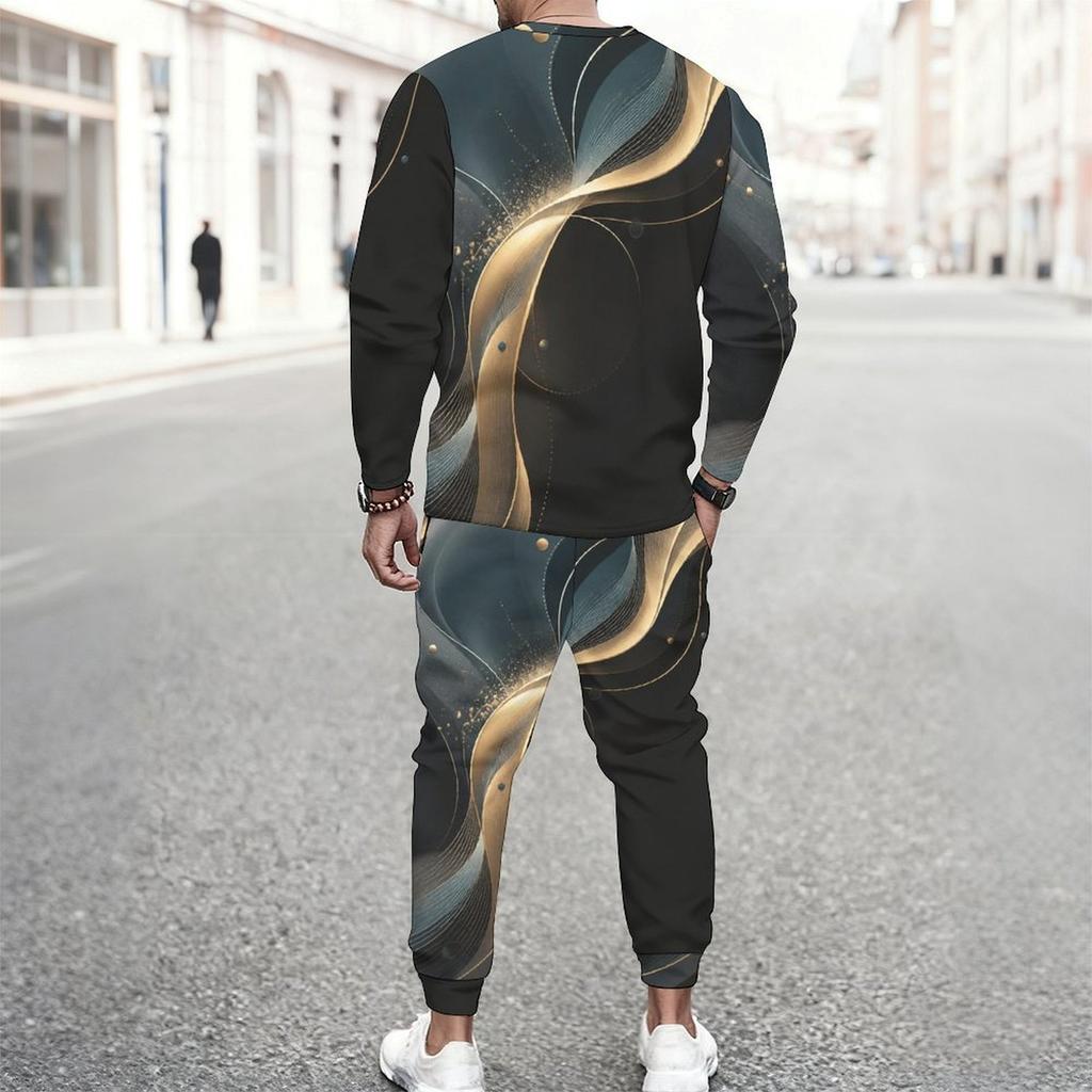 Men Plus Size Printed Round Neck Long Sleeve Top Cuffed Pants Two Piece Set