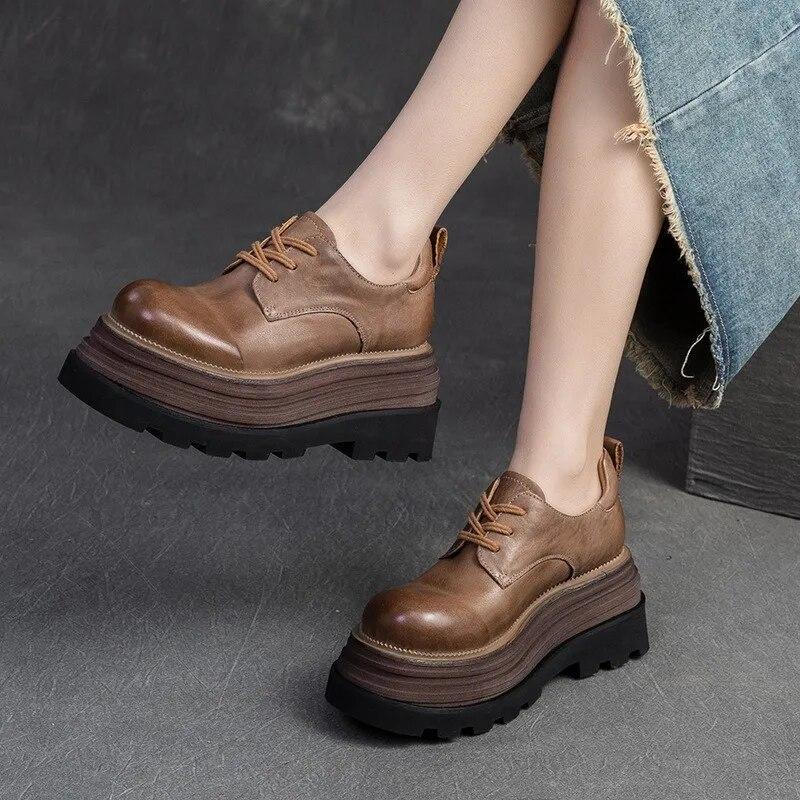 Johnature Zapatos de plataforma plana con suela gruesa y elevación retro, zapatos de mujer de moda versátiles con cordones y punta redonda
