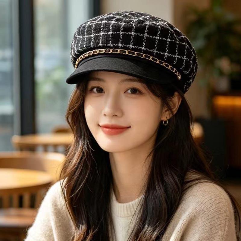 Small fragrant plaid soft brim octagonal hat children autumn and winter elegant fashion versatile metal chain decorative beret
