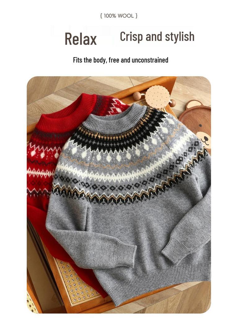 Maglione in Lana Fair Isle per Bambini - Spesso, Caldo, Stile Retro Rosso per Autunno/Inverno Ragazzi e Ragazze