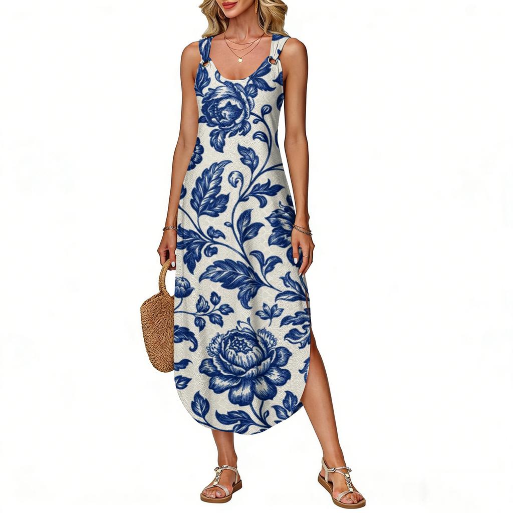 Damen Sommer Langes Kleid, Ärmellos Mit Seitenschlitzen, Langes Camisole-Kleid Mit Blumendruck