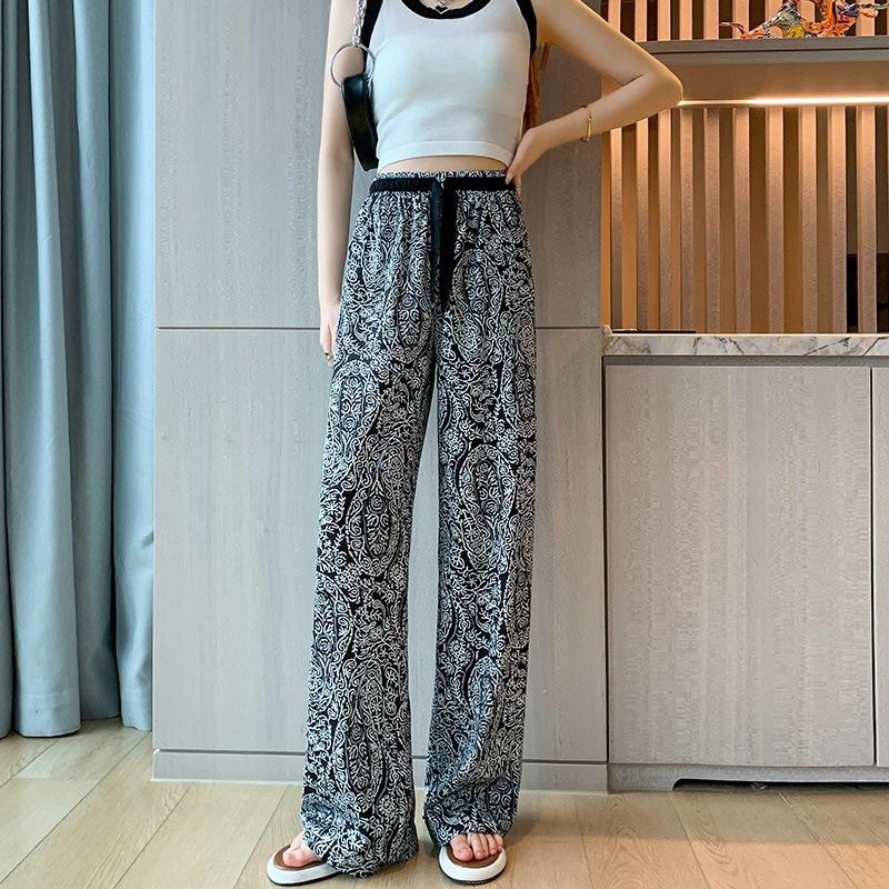 Women's Plus Size Straight Thin Section Pant Summer Ethnic Style Loose Draping Printed Wide-legged Trousers Tide