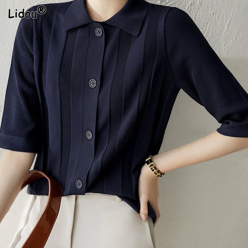 Spring Summer Women's Clothing Tops Sweet Comfortable Turn-down Collar Button Blouses Simplicity Casual Solid Color Loose