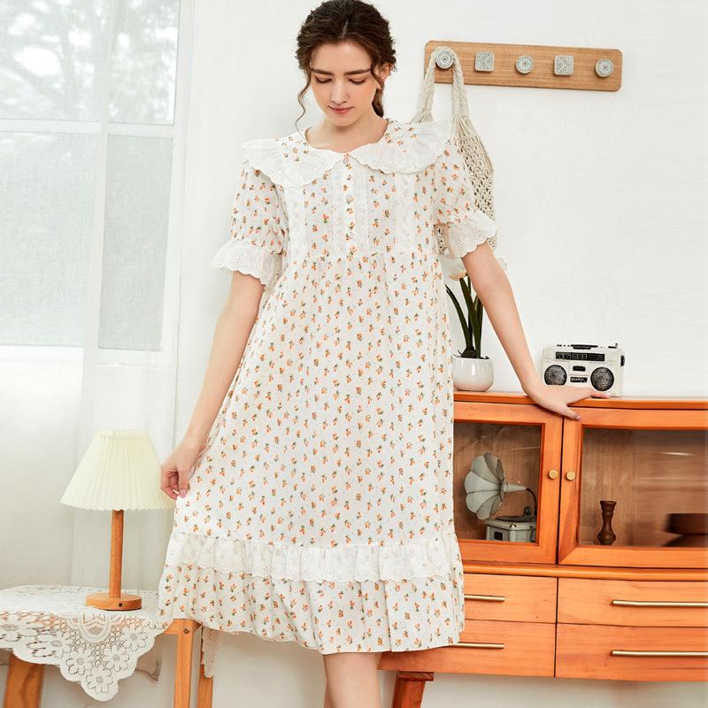 Women's Floral Short-Sleeve Cotton Nightgown, Loose Mid-Length Court Style Princess Homewear