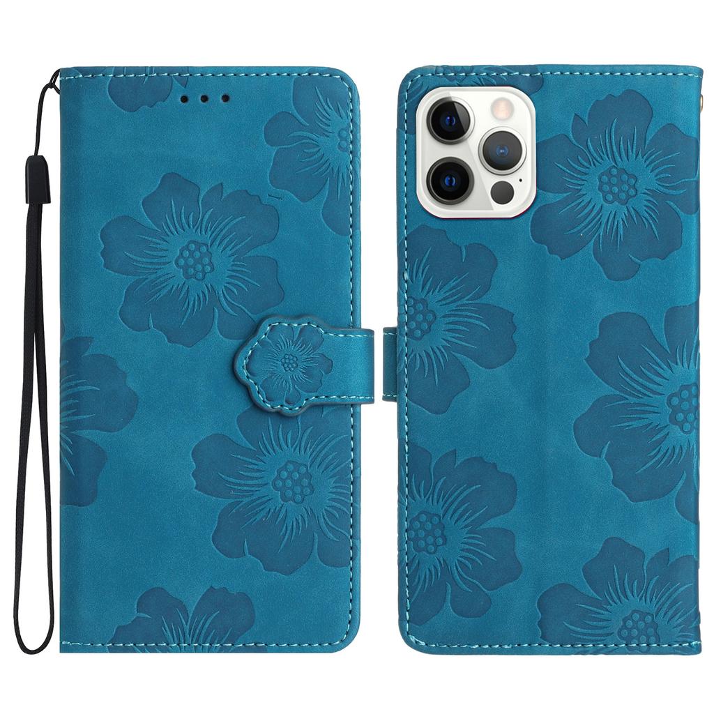 For iPhone 16 Pro Case Flower Design Leather Flip Phone Cover with Card Holder Wrist Strap