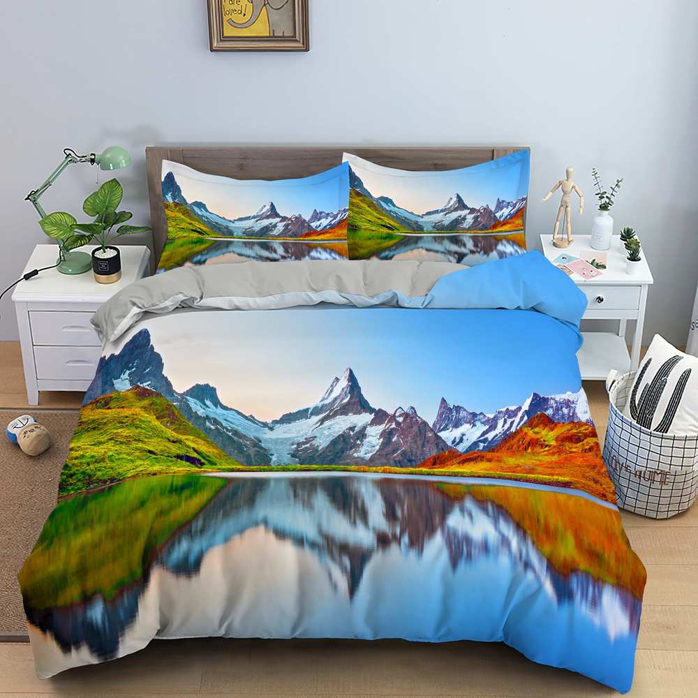 3D Nature Landscape King Queen Duvet Cover Flowers Green Leaves Bedding Set Shimen View Quilt Cover Polyester Comforter Cover