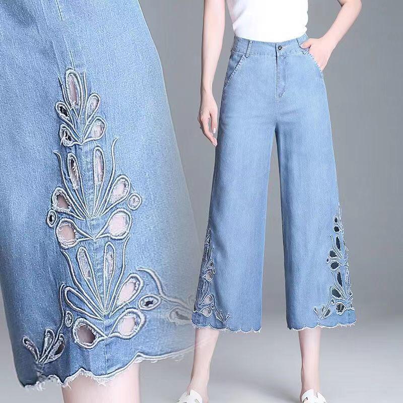 Women s Summer High-Waisted Wide-Leg Cropped Pants in Tencel Denim Size 26, 85-99 lbs