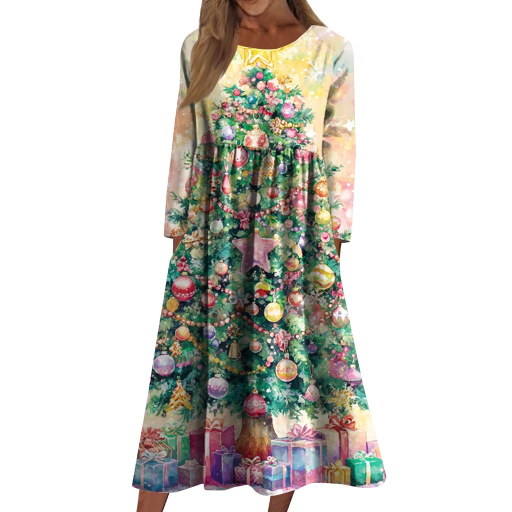 Women's Casual Crew-neck Christmas Print Mid-length Dress Long-sleeved Dress With Pocket