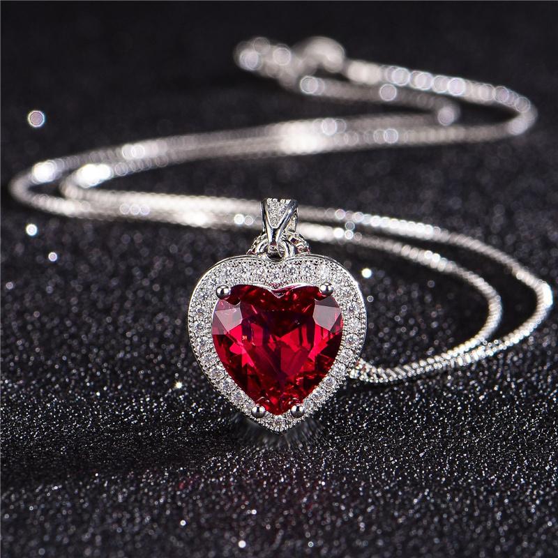 Bright Crystal Red Heart Pendant Necklace for Lady Engagement Accessories Trendy 925 Silver Necklace Choker Women Jewelry Gift