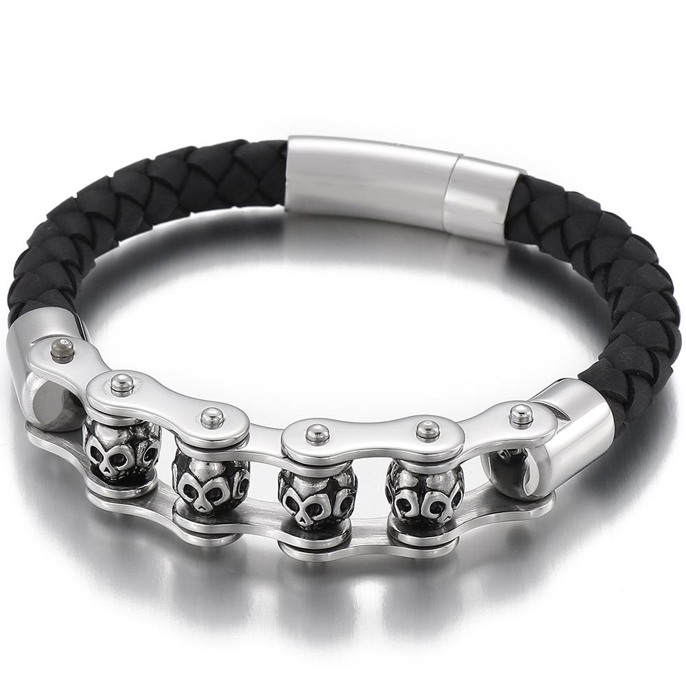 Rotatable Relieve Stress Skull Head Beads Bracelets for Man Punk Gothic Stainless Steel & Leather Motorcycle Biker Jewelry Gifts