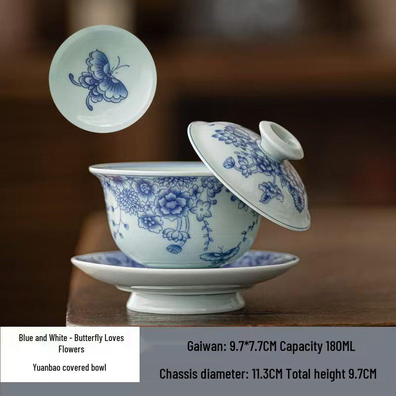 Retro Blue and White Underglaze Lidded Tea Bowl Set, Gongfu Style, 360ml
