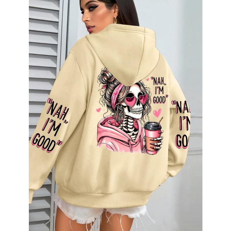 Felpa con cappuccio casual larga da donna, top stampato street fashion
