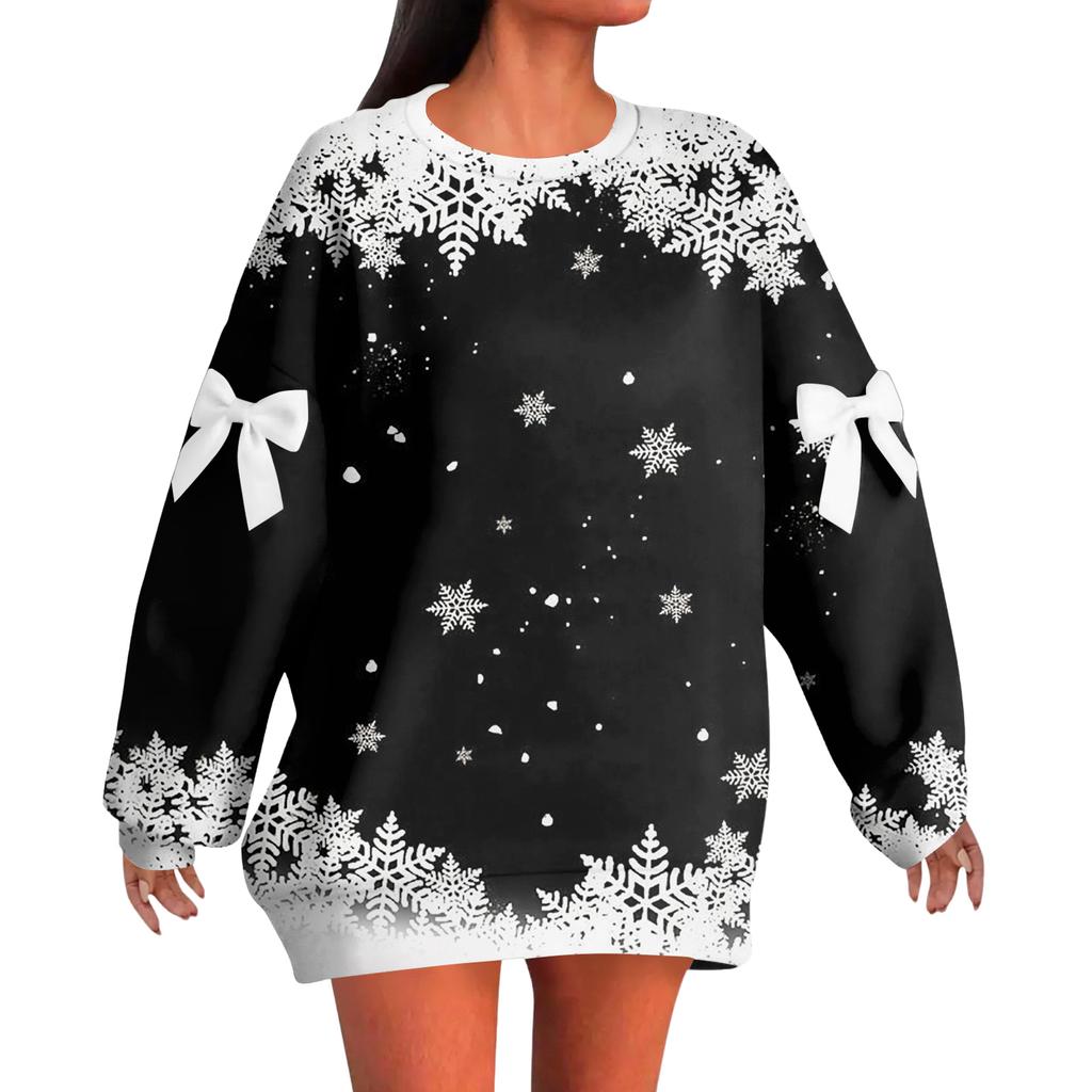 Ladies' Christmas Printed Bow Round Neck Long Sleeved Loose Pullover Sweater Sweatshirt Top