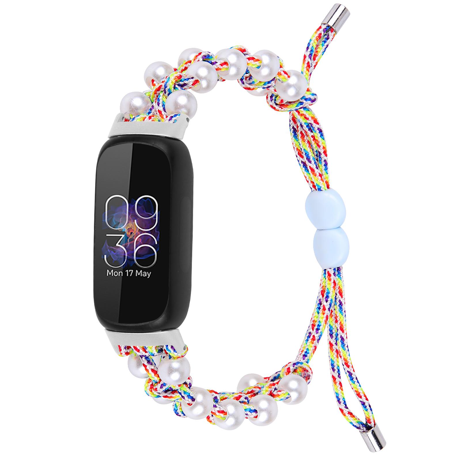 

For Fitbit Inspire 3 Pearl Decor Adjustable Braided Rope Wrist Band Stylish Smart Watch Strap Red