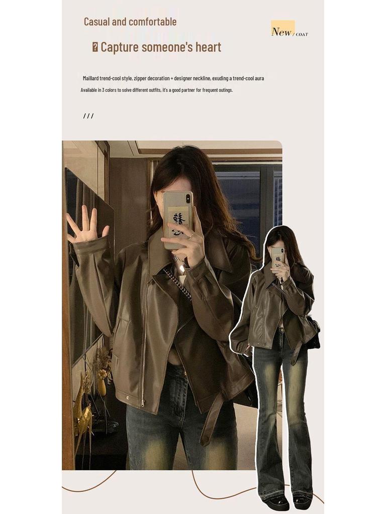 Women's Slimming PU Leather Jacket - Spring/Autumn, Lapel, Petite and Versatile Fashion