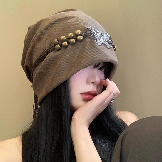 Women's Knitted Hat Winter Soft Warm Skull Cap with Tassel Ladies Stretch Slouchy Hat with Beads And Butterfly Decor