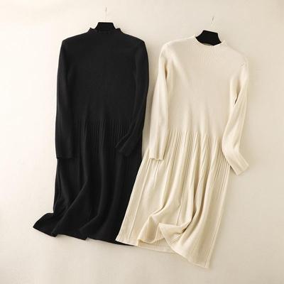 Women O Neck Long Sleeve Solid Color Pleated Knit Autumn Winter Causal Sweater Dresses