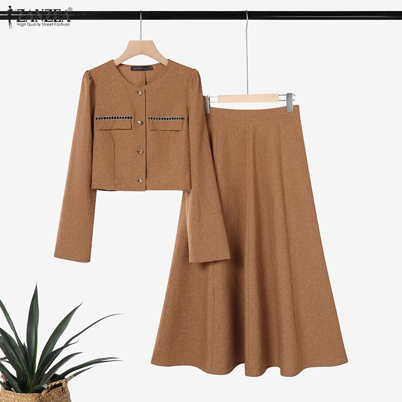 ZANZEA Women Long Sleeve Blouse and Long Skirts Casual Two Piece Suit Sets