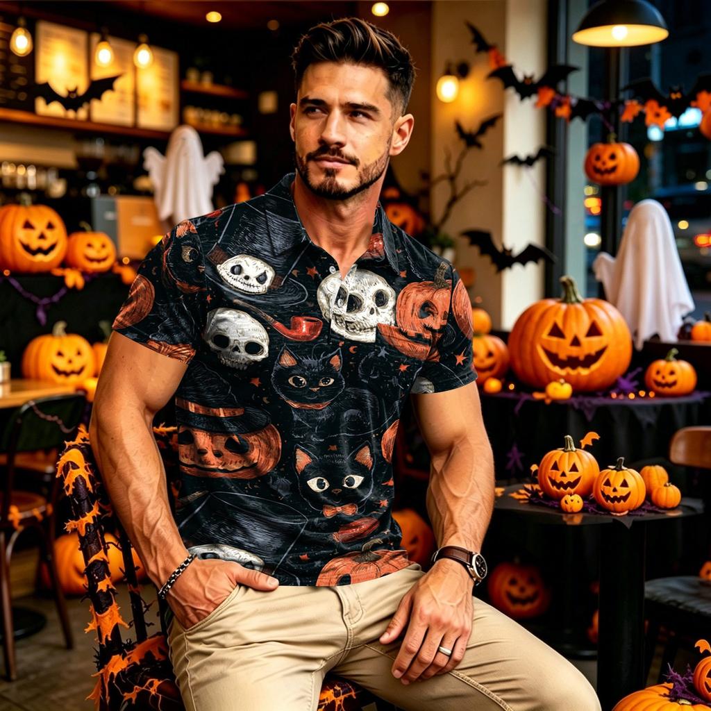 Men's Quick Dry Long Sleeve Golf Shirt with Chest Pocket Halloween Print