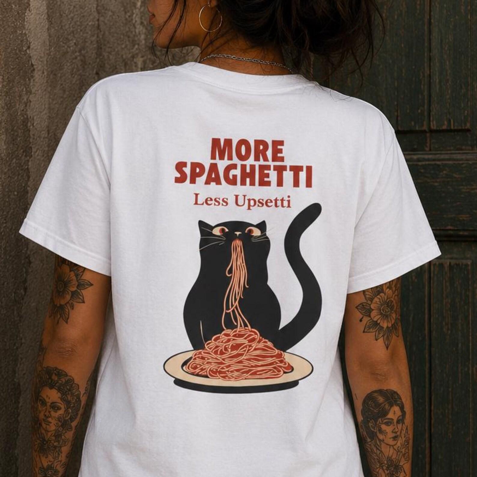 More Spaghetti Less Upsetti Cat Shirt, Funny Pasta Cat Graphic Tee, Retro Vintage Comfort Colors Foodie T-Shirt L