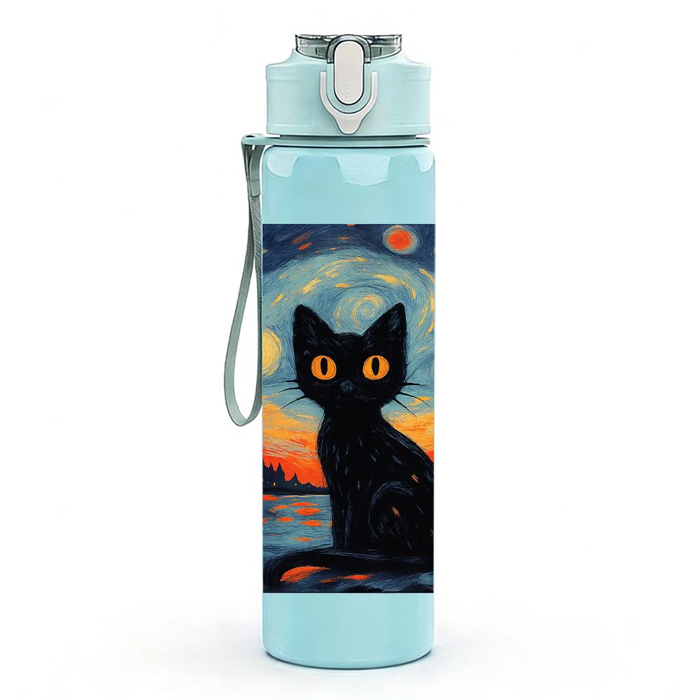 1PC Starry Night Black Cat 750ml Color Plastic Sports Water Bottle Leakproof Flip Straw Lid For Sports Office Home Use