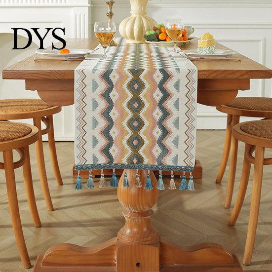 Jacquard Table Runner Geometric Runner, Colorful Triangles Vintage Floral Tassel Edge with Edges for Home Farmhouse Dining Decor Soft